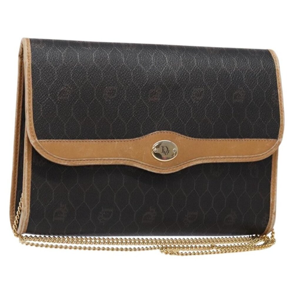 Authentic Christian Dior Honeycomb Canvas Chain Shoulder Bag PVC Black Gold